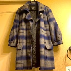 plaid,navy blue,with grey coat.